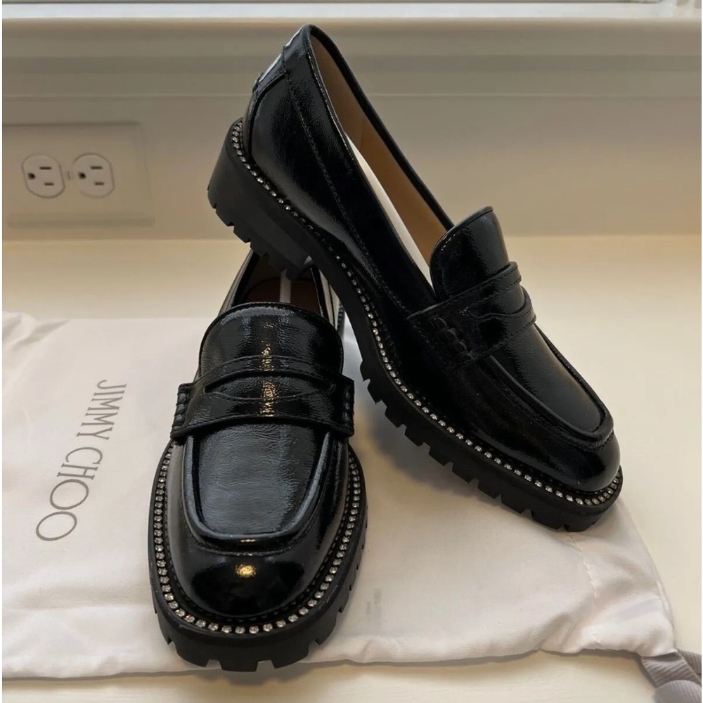 💯 AUTHENTIC Jimmy Choo Deanna black patent loafer crystal size 40.5 or 10